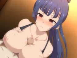 Rule 34 | 1boy, 1girl, ange vierge, bare shoulders, blue hair, blush, breasts, censored, character request, frown, hetero, hime cut, large breasts, long hair, mosaic censoring, nipples, paizuri, penis, ponytail, pov, red eyes, sweat, yamiochi umekichi