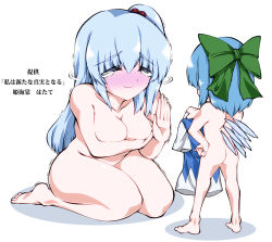 Rule 34 | 2girls, ass, bad id, bad pixiv id, barefoot, blue hair, blush, bow, breast hold, breasts, cirno, cold, covering privates, covering breasts, feet, flat chest, fuantei, hair bobbles, hair bow, hair ornament, large breasts, long hair, mini person, minigirl, multiple girls, mystic square, nude, nude cover, ribbon, seiza, shinki (touhou), short hair, side ponytail, silver hair, sitting, size difference, tears, toes, touhou, touhou (pc-98), translation request, trembling