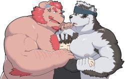 Rule 34 | 3boys, abs, ainu clothes, animal ears, arm hair, bara, beat (12beat13), between pecs, between pectorals, blue eyes, boy sandwich, chernobog (housamo), chest hair, curled horns, demon horns, eye contact, face to pecs, facial hair, furry, furry male, furry with non-furry, goatee, grey fur, grey hair, hand on another&#039;s head, head between pecs, headband, height difference, highres, horkeu kamui, horns, interspecies, large pectorals, looking at another, male focus, protagonist 5 (housamo), multicolored hair, multiple boys, muscular, muscular male, nipples, nude, orange hair, pectoral press, pectorals, pink fur, sandwiched, short hair, sideburns, size difference, sweatdrop, thick eyebrows, tokyo houkago summoners, tusks, two-tone fur, two-tone hair, upper body, white background, wolf boy, wolf ears, yaoi, yellow eyes