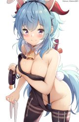 Rule 34 | 1girl, ahoge, animal ears, arm under breasts, artist name, bare shoulders, black hairband, black pantyhose, blue hair, blush, bodystocking, breasts, chintora0201, cleavage, closed mouth, collar, unworn collar, cowboy shot, detached collar, fake animal ears, ganyu (genshin impact), genshin impact, groin, hairband, highres, holding, holding collar, leaning forward, long hair, looking at viewer, low ponytail, medium breasts, mole, mole on breast, navel, pantyhose, purple eyes, rabbit ears, rabbit tail, resolution mismatch, simple background, smile, solo, source larger, tail, very long hair, white background