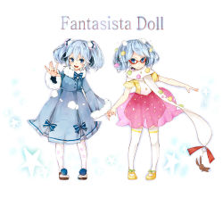 Rule 34 | 10s, 2girls, bad id, bad pixiv id, blue eyes, blue hair, copyright name, dress, fantasista doll, glasses, hair ornament, highres, holding hands, katia (fantasista doll), magako, mgbg010, multiple girls, open mouth, pantyhose, puffy sleeves, ribbon, simple background, smile, thighhighs, twintails