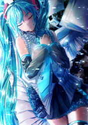 Rule 34 | 1girl, absurdres, aqua hair, black sleeves, closed eyes, detached sleeves, dutch angle, facing viewer, frilled skirt, frills, grey shirt, hatsune miku, hatsune miku happy 16th birthday -dear creators-, headset, highres, long hair, necktie, own hands together, pleated skirt, reiro sakura, shirt, skirt, sleeveless, smile, solo, swept bangs, thighhighs, thighs, twintails, very long hair, vocaloid