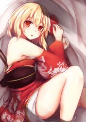 Rule 34 | 1girl, bare legs, bare shoulders, blonde hair, fang, flandre scarlet, floral print, hair ribbon, highres, japanese clothes, kashiwagi yamine, kimono, looking at viewer, lying, obi, off shoulder, on side, open mouth, red eyes, red kimono, ribbon, sash, smile, solo, touhou, wide sleeves, wings