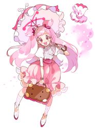 Rule 34 | 1girl, :d, bag, blush stickers, boots, bracelet, calf socks, cherry blossom cookie, cookie run, cup, food-themed bag, frills, high-waist skirt, holding, holding bag, holding umbrella, humanization, inzup, jewelry, juliet sleeves, leaning to the side, long hair, long sleeves, looking at viewer, open mouth, parasol, petals, petticoat, pink eyes, pink hair, pink theme, puffy sleeves, shirt tucked in, short twintails, skirt, smile, solo, teacup, twintails, umbrella, very long hair