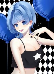 Rule 34 | 1girl, argyle, argyle background, argyle clothes, balloon, blue eyes, blue hair, blunt bangs, blush, breasts, crop top, heart balloon, highres, large breasts, lipstick, looking at viewer, makeup, original, rinnimel, short hair, simple background, smile, sparkle, sparkling eyes, star (symbol)