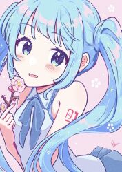 Rule 34 | 1girl, :d, aoiyui, blue bow, blue bowtie, blue eyes, blue hair, blue skirt, blush, bow, bowtie, branch, cherry blossoms, collared shirt, dot nose, from side, hatsune miku, highres, holding, holding branch, long hair, looking at viewer, number tattoo, open mouth, pink background, shirt, sidelocks, simple background, skirt, sleeveless, sleeveless shirt, smile, solo, tattoo, twintails, vocaloid, white shirt