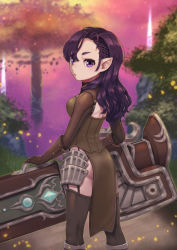 Rule 34 | ass, black hair, character request, dress, from behind, gloves, high elf, long hair, looking back, pointy ears, purple eyes, solo, tera online, thighhighs, weapon
