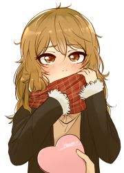 Rule 34 | 1girl, blonde hair, blush, brown eyes, catmouth, chocolate, coat, coppelion, curly hair, gift, heart, long hair, looking at viewer, out of frame, ozu kanon, plaid, plaid scarf, pov, pov hands, scarf, scarf over mouth, solo focus, upper body, valentine, white background