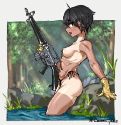 Rule 34 | 1girl, artist name, assault rifle, black eyes, black hair, breasts, bush, ceramic plate, collarbone, fang, gloves, grass, gun, highres, holding, holding gun, holding weapon, jungle, m16, military, moss, nature, nipples, nude, open mouth, original, pool, rifle, rock, short hair, sideboob, sitting, sitting on rock, small breasts, tan, tanline, thong, tomboy, tree, very short hair, vietnam war, water, weapon