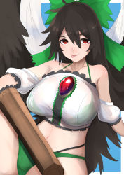 Rule 34 | 1girl, absurdres, adapted costume, arm cannon, bikini, bikini under clothes, bird wings, black hair, black wings, blue background, blush, bow, breasts, closed mouth, control rod, cowboy shot, frilled tube top, frills, green bikini, green bow, hair between eyes, hair bow, highres, huge breasts, long hair, looking at viewer, navel, red eyes, reiuji utsuho, smile, solo, strapless, swimsuit, third eye, tongue, tongue out, touhou, tube top, two-tone background, weapon, white background, white tube top, wings, yatsu (yaxtu1029)
