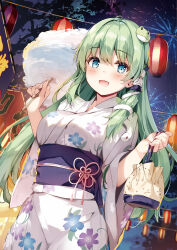 Rule 34 | 1girl, bag, blue eyes, blush, breasts, cotton candy, fingernails, fireworks, floral print, food, frog hair ornament, grey hair, hair ornament, hair tubes, highres, holding, holding food, japanese clothes, kimono, kochiya sanae, long hair, looking at viewer, medium breasts, miyase mahiro, night, night sky, obi, open mouth, sash, simple background, sky, snake hair ornament, solo, touhou, wide sleeves