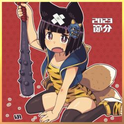 Rule 34 | 1girl, animal ears, animal print, arm support, asa no ha (pattern), bare arms, beans, between legs, black hair, black thighhighs, blue jacket, blush, border, bright pupils, brown border, brown eyes, club, club (weapon), collarbone, commentary request, crossed bandaids, fang, fox ears, fox girl, fox tail, hand between legs, holding club, holding weapon, hood, hood down, hooded jacket, jacket, kanabou, kitsune, kukuri (mawaru), looking at viewer, mask, mask on head, mawaru (mawaru), one-piece swimsuit, oni mask, open mouth, original, outline, print swimsuit, setsubun, short hair, sitting, skin fang, solo, swimsuit, tail, tears, thighhighs, tiger print, wariza, weapon, white outline, white pupils, yellow border, yellow one-piece swimsuit