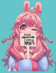 Rule 34 | 1girl, animal ears, aqua background, bad id, bad pixiv id, blue bow, blue hoodie, bow, braid, commentary, commission, english commentary, english text, eyebrows hidden by hair, hair bow, hair ornament, head tilt, heart, heart hair ornament, holding, holding sign, hood, hoodie, one eye closed, pepe the frog, phase connect, pink hair, pipkin pippa, pipkin pippa (1st costume), portrait, rabbit ears, rabbit girl, rabbit hair ornament, red bow, roober, side braid, sign, smile, solo, virtual youtuber