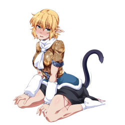 Rule 34 | 1girl, arm warmers, black shirt, black skirt, blonde hair, blush, breasts, brown jacket, cat tail, commentary request, eyelashes, floral print, full body, green eyes, hair between eyes, half updo, indoors, jacket, kemonomimi mode, light blush, looking at viewer, medium breasts, mizuhashi parsee, multicolored clothes, multicolored jacket, no shoes, nose blush, ootsuki wataru, open mouth, pointy ears, scarf, shirt, short hair, short sleeves, simple background, sitting, skirt, socks, solo, sweat, sweatdrop, tabi, tail, touhou, white background, white scarf, white socks, yokozuwari