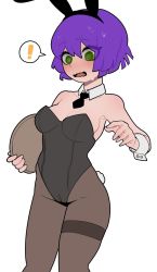 Rule 34 | !, 1girl, @ @, animal ears, bare shoulders, black leotard, black necktie, blush, breasts, brown pantyhose, crotch zipper, d:, detached collar, embarrassed, fake animal ears, green eyes, highres, holding, holding tray, large breasts, leotard, necktie, open mouth, original, pantyhose, playboy bunny, purple hair, rabbit ears, rabbit tail, short hair, short necktie, simple background, solo, sparrowl, spoken exclamation mark, standing, strapless, strapless leotard, tail, thighband pantyhose, tray, virtual youtuber, white background, wing collar, wrist cuffs, zipper