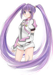 Rule 34 | 1girl, bad id, bad pixiv id, cropped jacket, detached sleeves, female focus, hama (sleeps), long hair, official alternate costume, purple eyes, purple hair, short shorts, shorts, solo, sophie (tales), tales of (series), tales of graces, twintails, very long hair, white background, white shorts