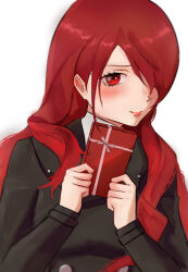 Rule 34 | 1girl, blush, closed mouth, eyelashes, gekkoukan high school uniform, gift, hair over one eye, highres, holding, holding gift, kirijou mitsuru, long hair, looking at viewer, n7grey, persona, persona 3, red eyes, red hair, school uniform, simple background, smile, solo, upper body, white background