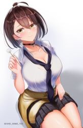 Rule 34 | 1girl, absurdres, ahoge, azur lane, baltimore (after-school ace) (azur lane), baltimore (azur lane), beige cardigan, black choker, black necktie, black skirt, blush, braid, breasts, brown hair, cardigan, cardigan around waist, choker, cleavage, closed mouth, clothes around waist, collarbone, collared shirt, commentary request, cowboy shot, french braid, hair between eyes, highres, holding, large breasts, looking at viewer, loose necktie, mimikaki, necktie, official alternate costume, partial commentary, partially unbuttoned, pleated skirt, sano sho, school uniform, shadow, shirt, shirt tucked in, short hair, short sleeves, sidelocks, simple background, sitting, skirt, smile, solo, twitter username, white background, white shirt, yellow eyes