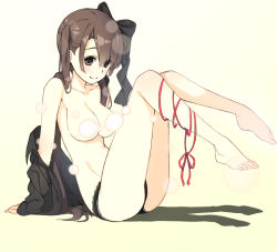 Rule 34 | 1girl, barefoot, black eyes, black panties, black shirt, bow, breasts, brown hair, bubble, censored, convenient censoring, dress shirt, hair bow, legs up, long hair, looking at viewer, original, panties, peragura, ribbon, shirt, sitting, smile, solo, topless, twintails, underwear, underwear only, undressing, very long hair