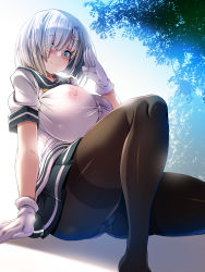Rule 34 | 1girl, bare legs, black one-piece swimsuit, black pantyhose, blue eyes, blue skirt, bow, breasts, closed mouth, commentary request, covered erect nipples, gloves, grey hair, hamakaze (kancolle), highres, huge breasts, kantai collection, knee up, leaf, one-piece swimsuit, panties, panties under pantyhose, pantyhose, pantyshot, pleated skirt, sailor collar, salute, school uniform, see-through, shiny skin, shirt, sitting, skirt, smile, solo, swimsuit, taut clothes, taut swimsuit, torisan, underwear, white gloves, white shirt, yellow bow
