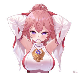 Rule 34 | 1girl, absurdres, armpits, arms up, artist name, bare shoulders, blush, breasts, closed mouth, detached sleeves, elsynien, eyelashes, genshin impact, hair tie, hands in hair, highres, impossible clothes, japanese clothes, large breasts, long hair, long sleeves, looking at viewer, mouth hold, pink hair, purple eyes, simple background, solo, tassel, tying hair, white background, wide sleeves, yae miko