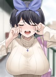 Rule 34 | 1girl, beige sweater, black hair, blue hairband, blue ribbon, blurry, blurry background, breasts, carrying bag, closed eyes, commentary request, crying, depth of field, facing viewer, hair ribbon, hairband, hands up, highres, jewelry, kanojo okarishimasu, large breasts, long sleeves, necklace, open mouth, outdoors, pink bag, ribbon, sarashina ruka, shengtian, short hair, solo, sweater, taut sweater, teeth, turtleneck, turtleneck sweater, upper body