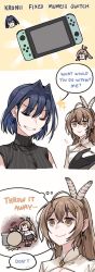 Rule 34 | 3koma, ahoge, bare shoulders, black gloves, blue hair, bow, brown eyes, brown hair, cleavage cutout, clipe, closed mouth, clothing cutout, comic, earrings, english text, feather hair ornament, feathers, gloves, grin, hair ornament, hairclip, highres, hololive, hololive english, jewelry, nanashi mumei, nintendo switch, ouro kronii, ponytail, short hair, skirt, smile, smirk, sparkle, trash bag, trash can, turtleneck, upper body, virtual youtuber