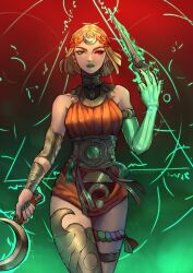Rule 34 | 1girl, absurdres, ancient greek clothes, asymmetrical arms, black sclera, blonde hair, bone, colored sclera, dress, glowing arm, greco-roman clothes, green lips, hades (series), hades 2, highres, holding sickle, laurel crown, melinoe (hades), mismatched sclera, orange dress, see-through body, sephineedraws, short hair, sickle, skeletal arm, solo