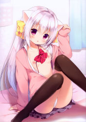 Rule 34 | 1girl, :o, absurdres, animal ears, arm support, arm up, bed sheet, black thighhighs, blush, bow, bowtie, breasts, cardigan, cat ears, collarbone, collared shirt, curtains, diagonal stripes, fingernails, grey skirt, hair between eyes, hair bow, head tilt, highres, indoors, knees together feet apart, long hair, long sleeves, looking at viewer, miyasaka naco, nipples, no bra, no shoes, non-web source, open cardigan, open clothes, open shirt, original, over-kneehighs, panties, pantyshot, parted lips, pink cardigan, plaid, plaid skirt, pleated skirt, purple eyes, red bow, red bowtie, scan, school uniform, shirt, sidelocks, silver hair, sitting, skirt, sleeves past wrists, small breasts, solo, striped, thighhighs, underwear, uniform, very long hair, white panties, white shirt, yellow bow