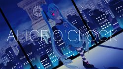 Rule 34 | 1girl, aqua hair, backlighting, blue bow, blue dress, bow, building, cityscape, clock, clock tower, collarbone, commentary, dress, expressionless, glowing, glowing eyes, hair bow, hatsune miku, highres, kisalaundry, long hair, looking at viewer, night, pantyhose, red eyes, ribbon, scenery, shoes, song name, striped clothes, striped pantyhose, striped thighhighs, thighhighs, tower, twintails, very long hair, vocaloid, wide shot