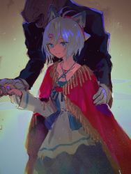 Rule 34 | .live, 1boy, 1girl, absurdres, antenna hair, black jacket, blue eyes, cape, closed mouth, dress, grey hair, highres, holding hands, horse mask, jacket, long sleeves, looking at viewer, mask, red cape, dennou shoujo siro, smile, solo, standing, tentsuu (tentwo), tuxedo, virtual youtuber, white dress