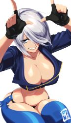 Rule 34 | 1girl, absurdres, angel (kof), blue eyes, breasts, chaps, cropped jacket, horns pose, fingerless gloves, gloves, hair over one eye, highres, index fingers raised, jacket, large breasts, leather, leather jacket, looking at viewer, lyuka, short hair, smile, standing, the king of fighters, thick thighs, thighs, white background, white hair