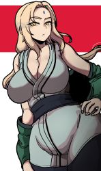 Rule 34 | 1girl, arm at side, bad arm, breasts, cleavage, costume request, curvy, artistic error, expressionless, facial mark, forehead mark, hand on own hip, huge breasts, impossible clothes, japanese clothes, long hair, looking at viewer, low ponytail, masgamjya, naruto, naruto (series), parted bangs, ponytail, sidelocks, sideways glance, sleeveless, solo, tsunade (naruto)