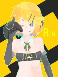 1girl :q absurdres black_background black_gloves black_tube_top blonde_hair blue_eyes breasts character_name closed_mouth collar commentary_request controller cross-shaped_pupils detached_collar dualsense elbow_gloves fur-trimmed_gloves fur_trim game_controller gloves green_ribbon hair_ornament hairclip hara_id_21 highres holding holding_controller holding_game_controller kagamine_rin looking_at_viewer neck_ribbon no_lineart playstation_controller ribbon short_hair small_breasts smile solo strapless swept_bangs symbol-shaped_pupils tongue tongue_out tube_top two-tone_background uneven_eyes upper_body vocaloid white_collar yellow_background