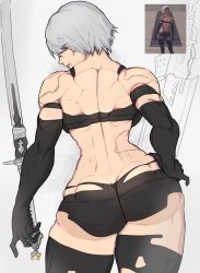Rule 34 | 1girl, android, arm at side, ass, backboob, black gloves, black shorts, black thighhighs, breasts, butt crack, charm (object), commentary, contrapposto, crab, english commentary, floating, floating object, floating sword, floating weapon, from behind, gloves, grey hair, hair over eyes, hand on own hip, highres, huge weapon, joints, katana, large breasts, lips, micro shorts, mole, mole under mouth, multi-strapped shorts, muscular, muscular female, narrow waist, nier (series), nier:automata, no blindfold, reference inset, robot joints, short hair, shorts, shoulder blades, solo, standing, strapless, sword, thick thighs, thighhighs, thighs, torn clothes, torn thighhighs, tube top, type-4o blade, virtuous contract, weapon, yoracrab, a2 (nier:automata)