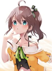 Rule 34 | 1girl, absurdres, ahoge, aqua eyes, black camisole, black straps, blush, brown hair, camisole, chestnut mouth, collarbone, finger to face, finger to mouth, green ribbon, hair between eyes, hair ornament, halterneck, hanazome uta, highres, hololive, jacket, looking at viewer, midriff, natsuiro matsuri, natsuiro matsuri (1st costume), neck ribbon, off-shoulder jacket, off shoulder, open clothes, open jacket, open mouth, orange jacket, pinstripe camisole, pinstripe pattern, ribbon, short sleeves, side ponytail, simple background, solo, striped, upper body, v, virtual youtuber, white background