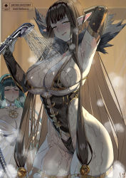 Rule 34 | 2girls, absurdly long hair, armpits, bikini, bikini top only, black bikini, blunt bangs, blush, breasts, brown hair, cleopatra (fate), club3, detached collar, fate/apocrypha, fate (series), gold trim, large breasts, long hair, looking at viewer, multiple girls, pointy ears, semiramis (fate), shower (place), sidelocks, skindentation, slit pupils, swimsuit, thighhighs, thighs, very long hair, wet, yellow eyes