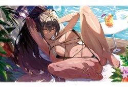 Rule 34 | 1girl, ass, barefoot, bikini, black hair, blue archive, breasts, cocktail glass, cup, dark-skinned female, dark skin, drinking glass, feet, highres, huge breasts, kakumayu, karin (blue archive), large breasts, long hair, looking at viewer, navel, ponytail, slingshot swimsuit, soles, swimsuit, toes, yellow eyes