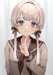 Rule 34 | 1girl, black neckerchief, black ribbon, black sailor collar, blue eyes, brown shirt, closed mouth, commentary request, grey background, grey hair, hair ribbon, hand up, index finger raised, long hair, long sleeves, looking at viewer, neckerchief, original, ribbon, sailor collar, school uniform, serafuku, shirt, simple background, sleeve cuffs, smile, solo, striped ribbon, twintails, upper body, usamochi.