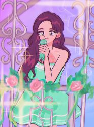 Rule 34 | 1990s (style), 1girl, animification, bare shoulders, breasts, collarbone, dress, flower, green eyes, hair behind ear, highres, holding, holding microphone, joy (red velvet), k-pop, long hair, medium breasts, microphone, pink flower, pink rose, plant, real life, red velvet (group), retro artstyle, rose, smile, solo, sparkle, strapless, strapless dress, vines, yum23930955
