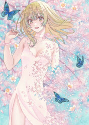 Rule 34 | 1girl, bare shoulders, blonde hair, breasts, brown eyes, bug, butterfly, cherry blossoms, cleavage, collarbone, commentary, day, dress, highres, insect, k.nishiyama, long hair, looking at viewer, medium breasts, open mouth, original, outdoors, painting (medium), petals, pink dress, pink ribbon, ribbon, side slit, sleeveless, sleeveless dress, solo, standing, teeth, traditional media, upper teeth only, watercolor (medium), wristband