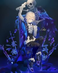 Rule 34 | 1boy, androgynous, ashisu (shisono), black background, blonde hair, blue background, blue eyes, chair, flower, formal, full body, lily (flower), long sleeves, looking at viewer, male focus, multicolored background, original, pants, side cape, sitting, skeleton, solo, sword, weapon