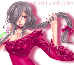 Rule 34 | 1girl, bad id, breasts, camila melodia, cleavage, d-artemisatto, d.artemisatto, dress, drill hair, hair over one eye, hair ribbon, large breasts, lipstick, long hair, makeup, nail polish, pink eyes, pink nails, ponytail, ribbon, silver hair, smile, solo, utau, vocaloid