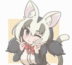 Rule 34 | 1girl, black dress, black hair, blush, bow, bowtie, brown eyes, double v, dress, highres, juliet sleeves, kemono friends, long sleeves, looking at viewer, multicolored hair, possum ears, possum girl, possum tail, puffy sleeves, pursed lips, red bow, red bowtie, short hair, solo, tamurambo, twintails, two-tone dress, two-tone hair, v, white-eared opossum (kemono friends), white dress, white hair