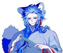 Rule 34 | 1boy, animal ear fluff, animal ears, blue hair, blue hanbok, cat boy, cat ears, cat tail, colored eyelashes, hair ornament, hand fan, hands up, highres, holding, holding fan, korean clothes, korean commentary, long hair, long sleeves, looking at viewer, male focus, original, paper fan, red eyes, ringed eyes, sasi mozzi1, sidelocks, simple background, solo, tail, tassel, tassel hair ornament, upper body, white background, wide sleeves