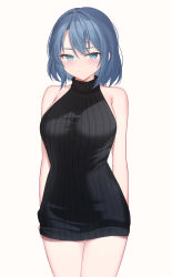 Rule 34 | 1girl, absurdres, arms at sides, arms behind back, bare shoulders, black dress, black sweater, blue eyes, blue hair, blush, breasts, closed mouth, cowboy shot, dress, hair between eyes, halter dress, halterneck, highres, large breasts, looking at viewer, medium hair, nannann, off-shoulder dress, off-shoulder sweater, off shoulder, original, ribbed dress, ribbed sweater, short dress, sideboob, simple background, sleeveless, sleeveless dress, sleeveless sweater, sleeveless turtleneck, smile, solo, sweater, sweater dress, swept bangs, thigh gap, tight clothes, tight dress, tsurime, turtleneck, turtleneck dress, turtleneck sweater, white background