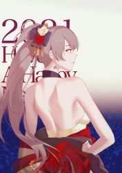 Rule 34 | 1girl, 2021, absurdres, aikawa lotus, azur lane, back, backless dress, backless kimono, backless outfit, bare arms, bare shoulders, closed mouth, commentary request, detached collar, dress, earrings, english text, flower, from behind, gradient background, grey hair, hand on own hip, happy new year, highres, japanese clothes, jean bart (azur lane), jean bart (first snow upon the cutlass&#039;s edge) (azur lane), jewelry, kimono, long hair, looking afar, looking away, looking to the side, new year, no bra, ponytail, red eyes, red flower, red rose, rose, shoulder blades, sidelocks, simple background, sleeveless, sleeveless dress, sleeveless kimono, smile, solo