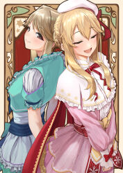 Rule 34 | 2girls, absurdres, back-to-back, blonde hair, blue bow, blush, bow, braid, breasts, brown eyes, brown hair, capelet, clarice (idolmaster), cloak, closed eyes, closed mouth, clothing cutout, cropped jacket, dress, frilled capelet, frilled jacket, frills, green jacket, hat, highres, idolmaster, idolmaster cinderella girls, idolmaster cinderella girls starlight stage, idolmaster million live!, idolmaster million live! theater days, jacket, kaiso (kaisooekaki), long hair, long sleeves, looking at viewer, medium breasts, multiple girls, neck ribbon, open mouth, pink dress, red bow, red brooch, red cloak, red ribbon, ribbon, short sleeves, shoulder cutout, sidelocks, smile, striped bow, tenkuubashi tomoka, two-tone background, waist bow, white capelet, white dress