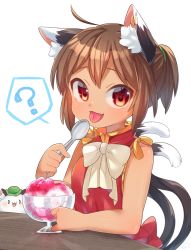 Rule 34 | 1girl, :d, ?, adapted costume, ahoge, alternate hairstyle, animal ear fluff, animal ears, bare shoulders, bow, bowtie, breasts, brown eyes, brown hair, cat ears, cat tail, chen, commentary request, dress, earrings, fang, gold trim, hat, unworn hat, unworn headwear, highres, holding, holding spoon, ibaraki natou, jewelry, looking at viewer, mob cap, multiple tails, nekomata, open mouth, ponytail, red dress, short hair, simple background, single earring, small breasts, smile, solo, spoken question mark, spoon, tail, tongue, tongue out, touhou, two tails, white background, white bow, white bowtie