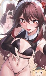 Rule 34 | 2girls, :d, armpits, ass, back, bikini, bikini pull, black bikini, blush, breasts, bridal gauntlets, brown hair, clothes pull, colored tips, detached collar, fang, flower, flower-shaped pupils, genshin impact, groin, hair flower, hair ornament, highres, hu tao (genshin impact), long hair, looking at viewer, lumine (genshin impact), maid, maid bikini, maid headdress, mirror, multicolored hair, multiple girls, multiple views, navel, object on head, open mouth, padoruu, panties, panties on head, plum blossoms, pulled by self, red eyes, red hair, reflection, small breasts, smile, stomach, sweat, swimsuit, symbol-shaped pupils, thong, twintails, two-tone hair, unconventional maid, underwear